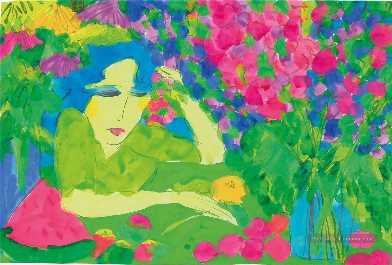 Dame avec des fleurs et des fruits Moderne Peintures à l'huile